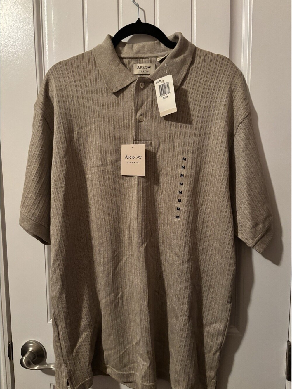 Arrow Khakis Men’s Beige Striped Cotton Knit Polo Shirt Short Sleeve size M